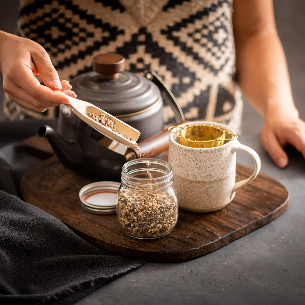 Frontier Co-op Dandelion Root tea infusion in a cup for versatile brewing.