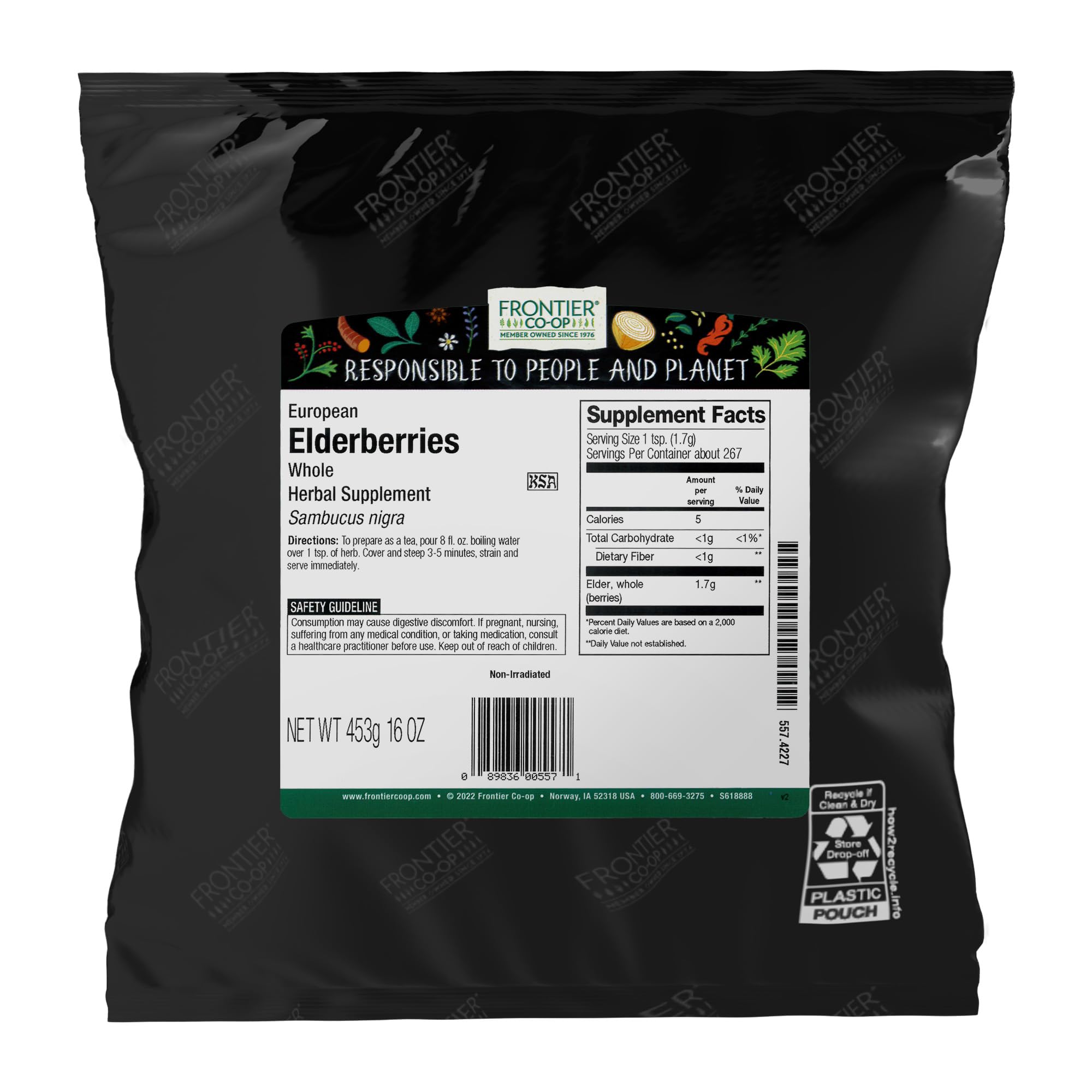 Frontier Co-op dried whole elderberries in a bag, perfect for tea and cooking.
