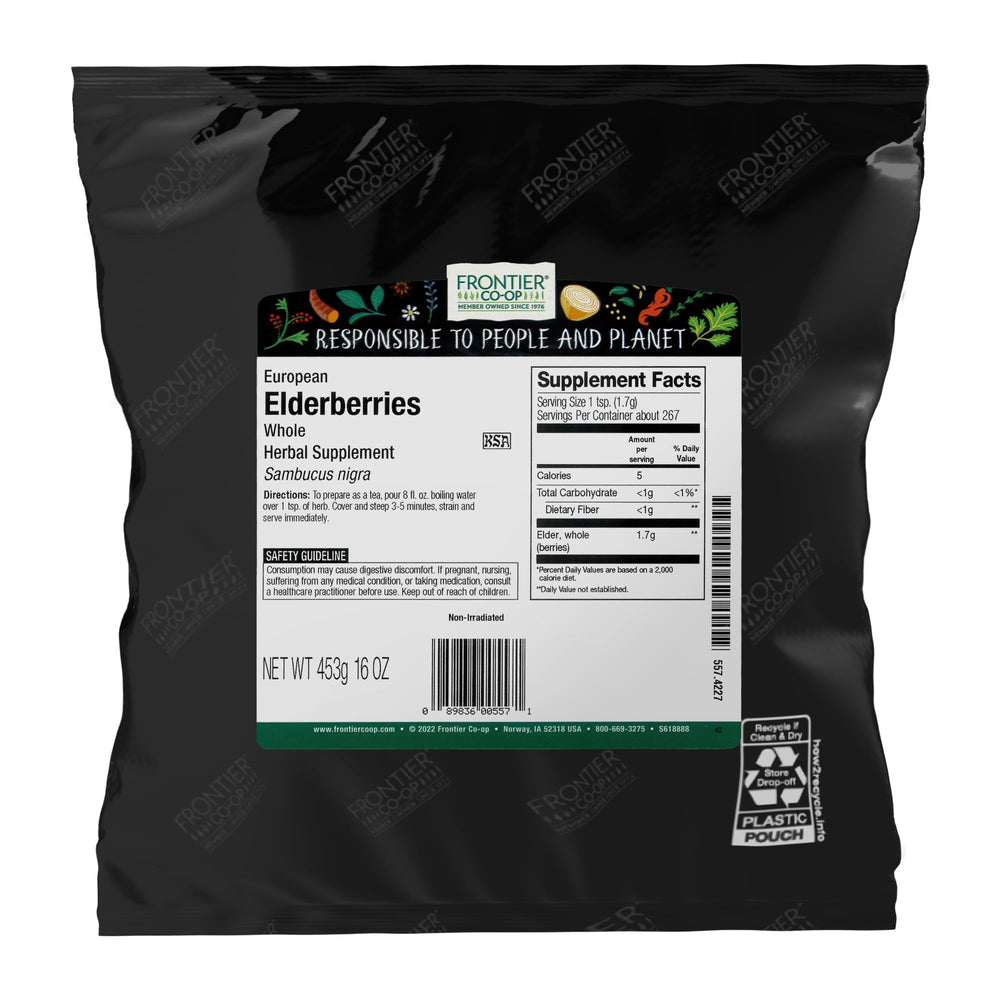 Frontier Co-op dried whole elderberries in a bag, perfect for tea and cooking.