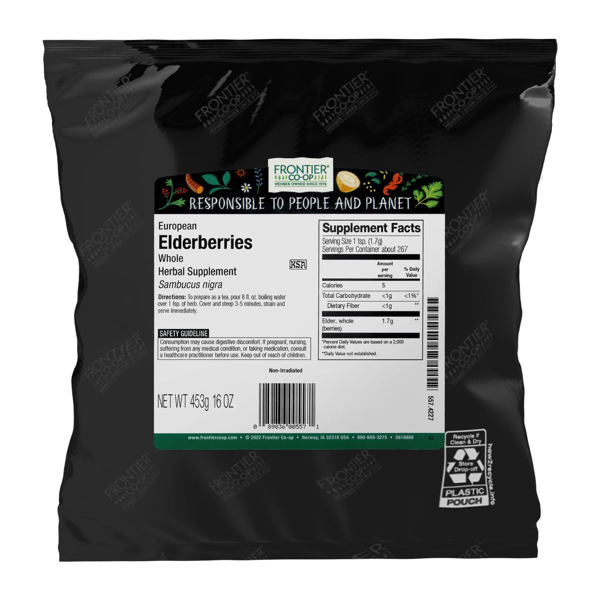 Frontier Co-op dried whole elderberries in a bag, perfect for tea and cooking.