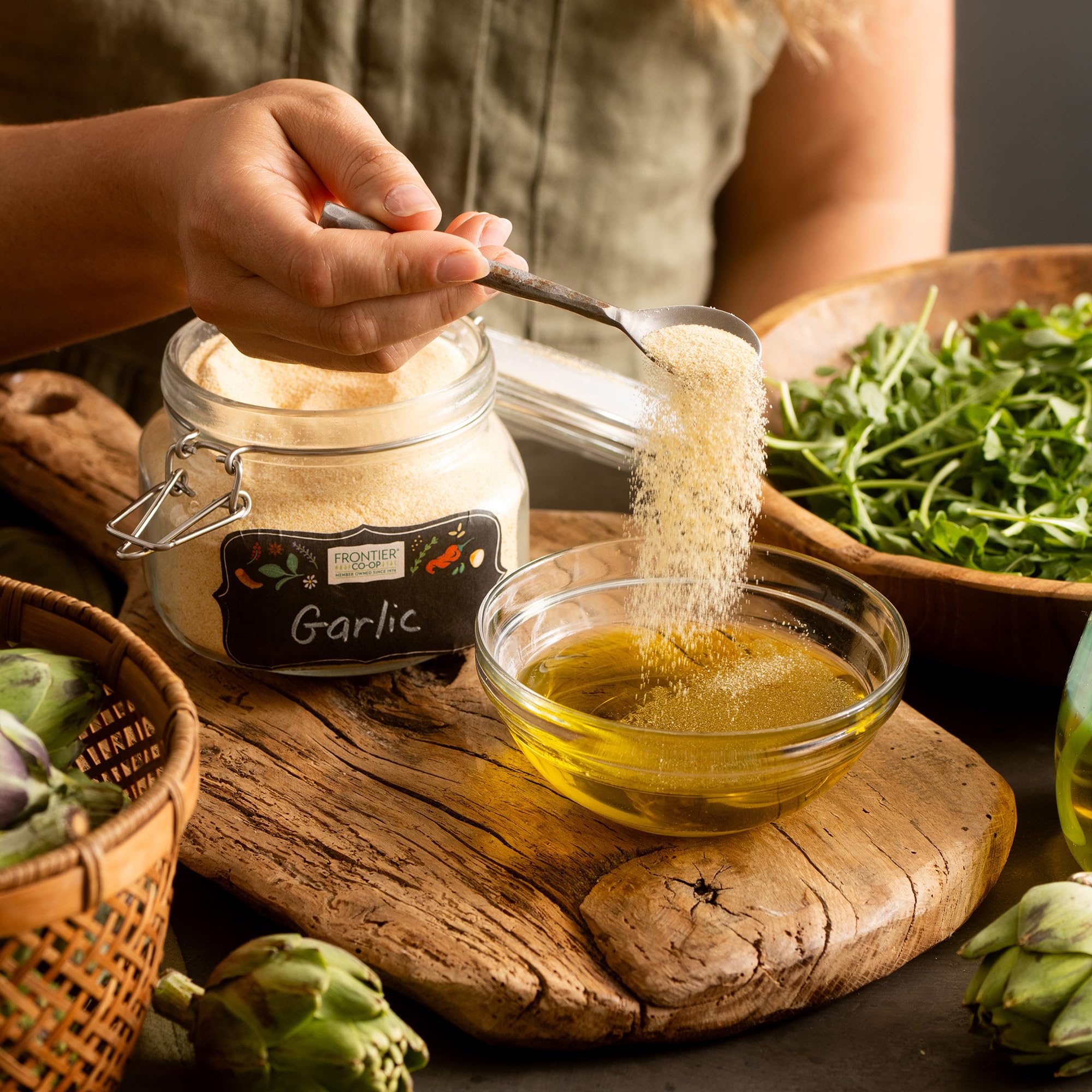 Frontier Co-op garlic granules ideal for sauces and rubs in the kitchen