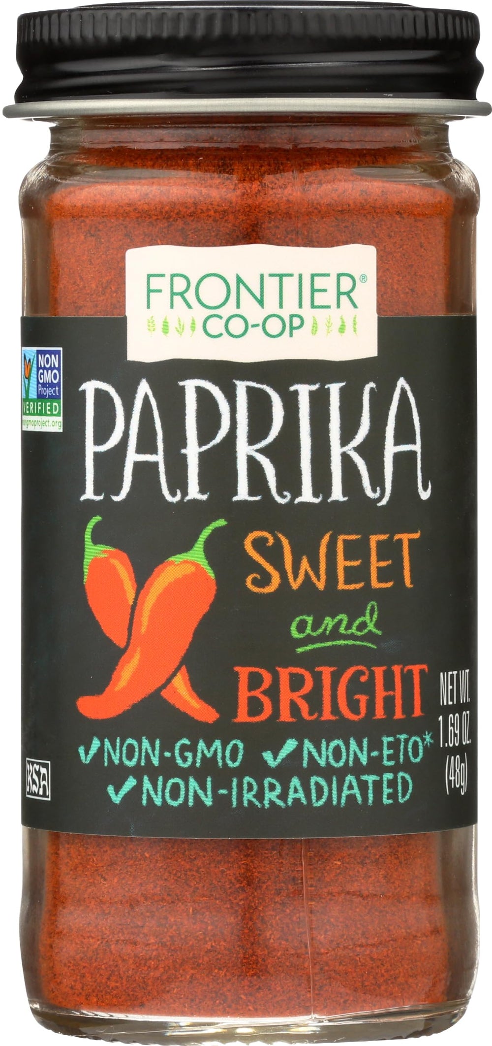 Frontier Co-op ground paprika bottle closeup adds warm color to casseroles.