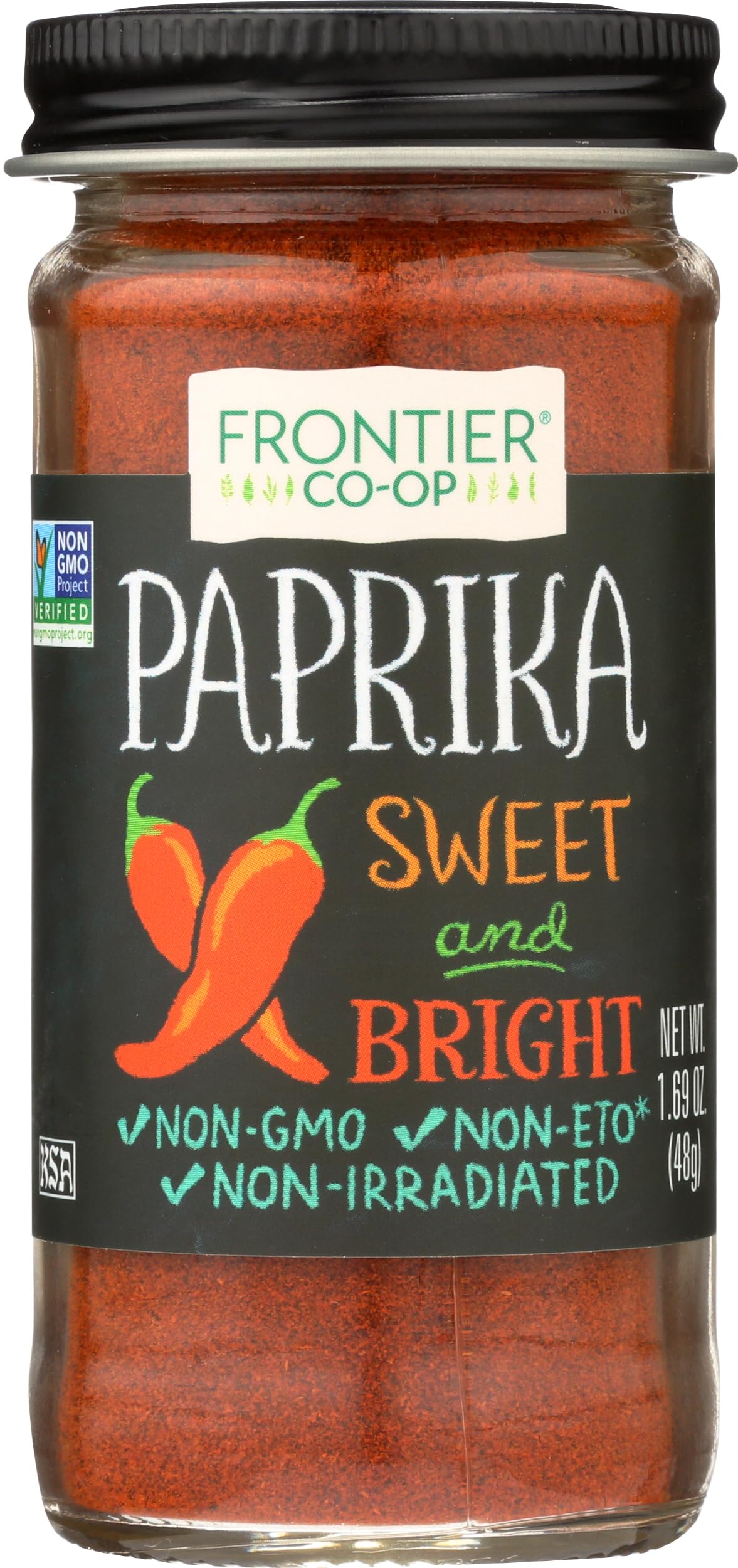 Frontier Co-op ground paprika bottle closeup adds warm color to casseroles.