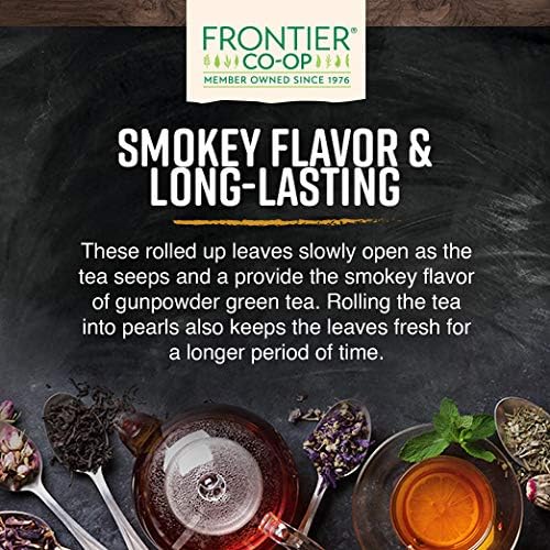 Steeping Frontier Co-op Gunpowder Green Tea in a cup setup for rich flavor.