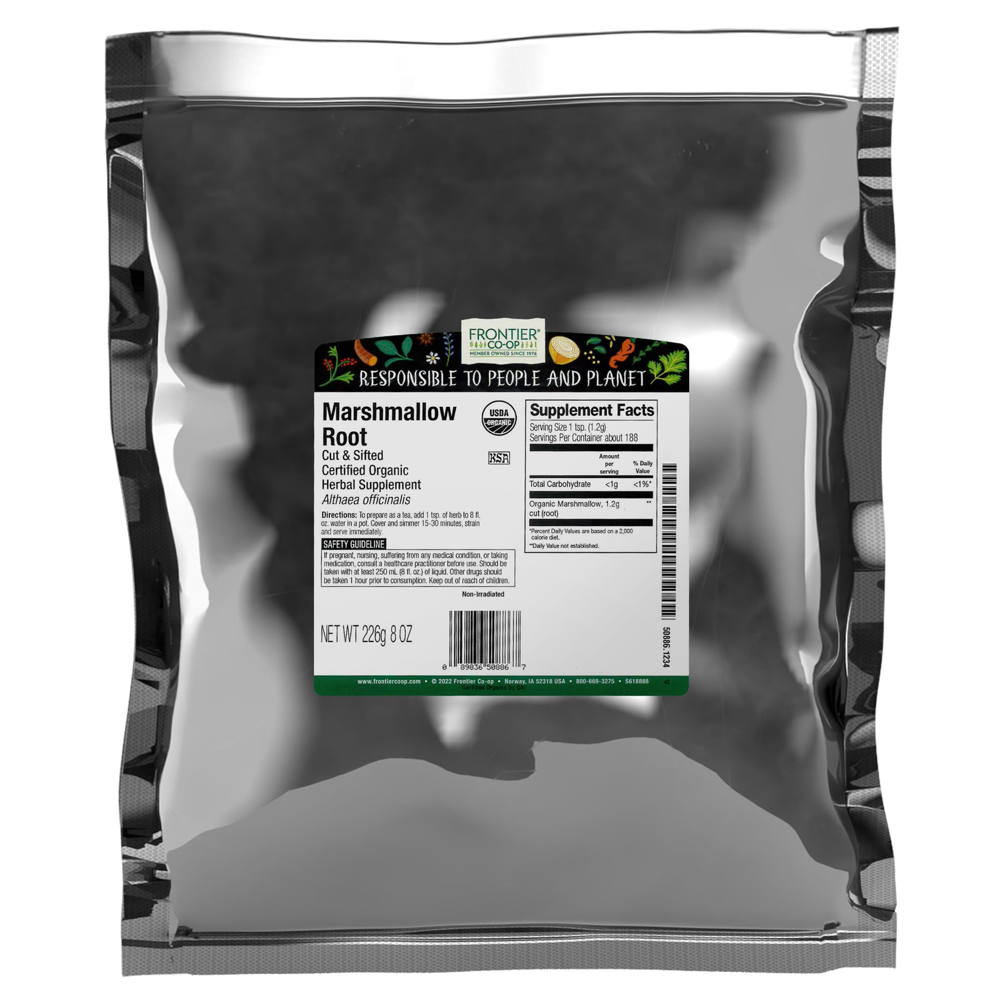 Frontier Co-op marshmallow root cut and sifted, ideal for herbal infusions.
