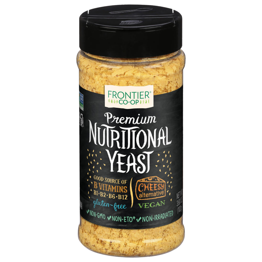Frontier Co-op nutritional yeast flakes in jar front view, vegan seasoning with B vitamins.