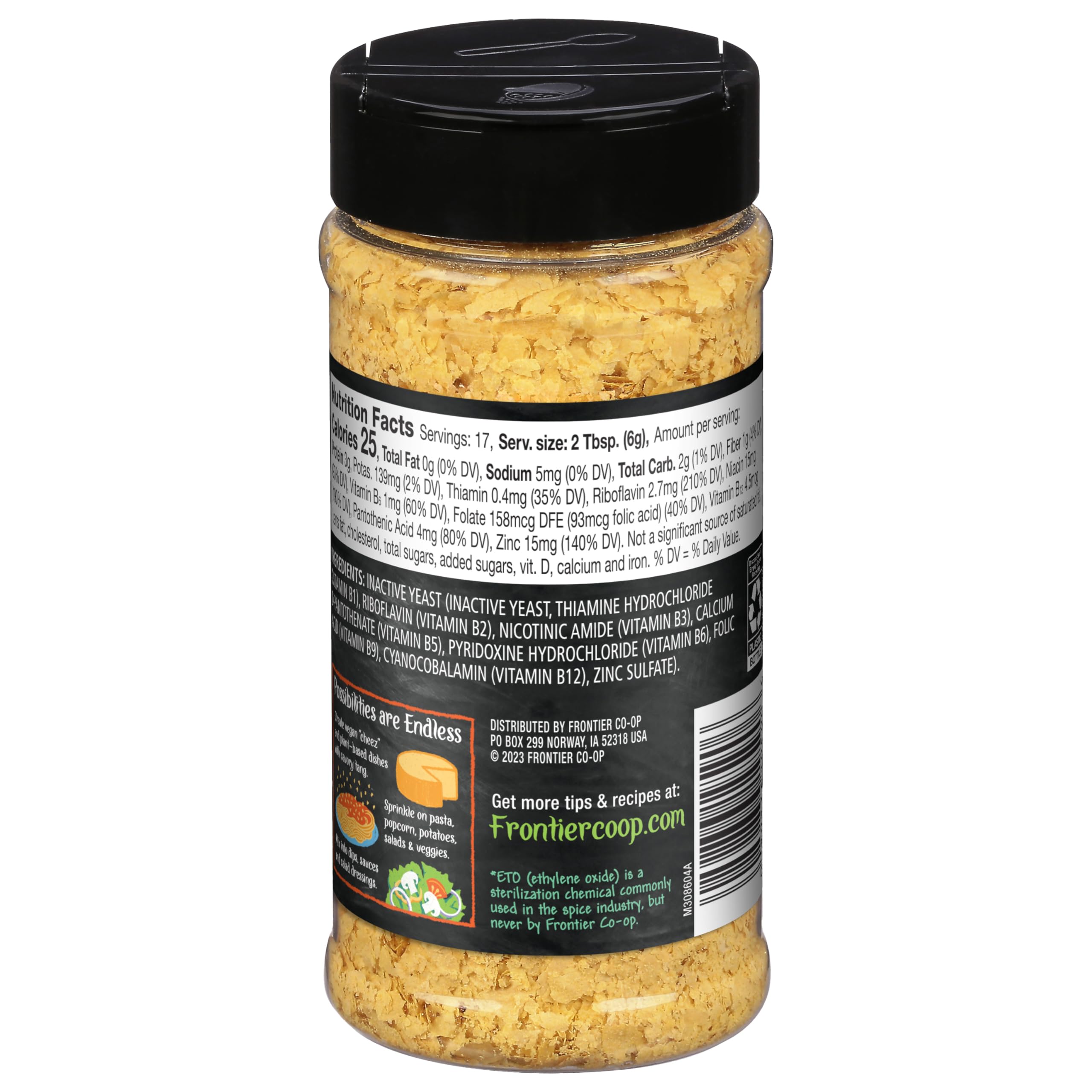 Frontier Co-op yeast on popcorn bowl, dairy-free cheese-flavor snack.