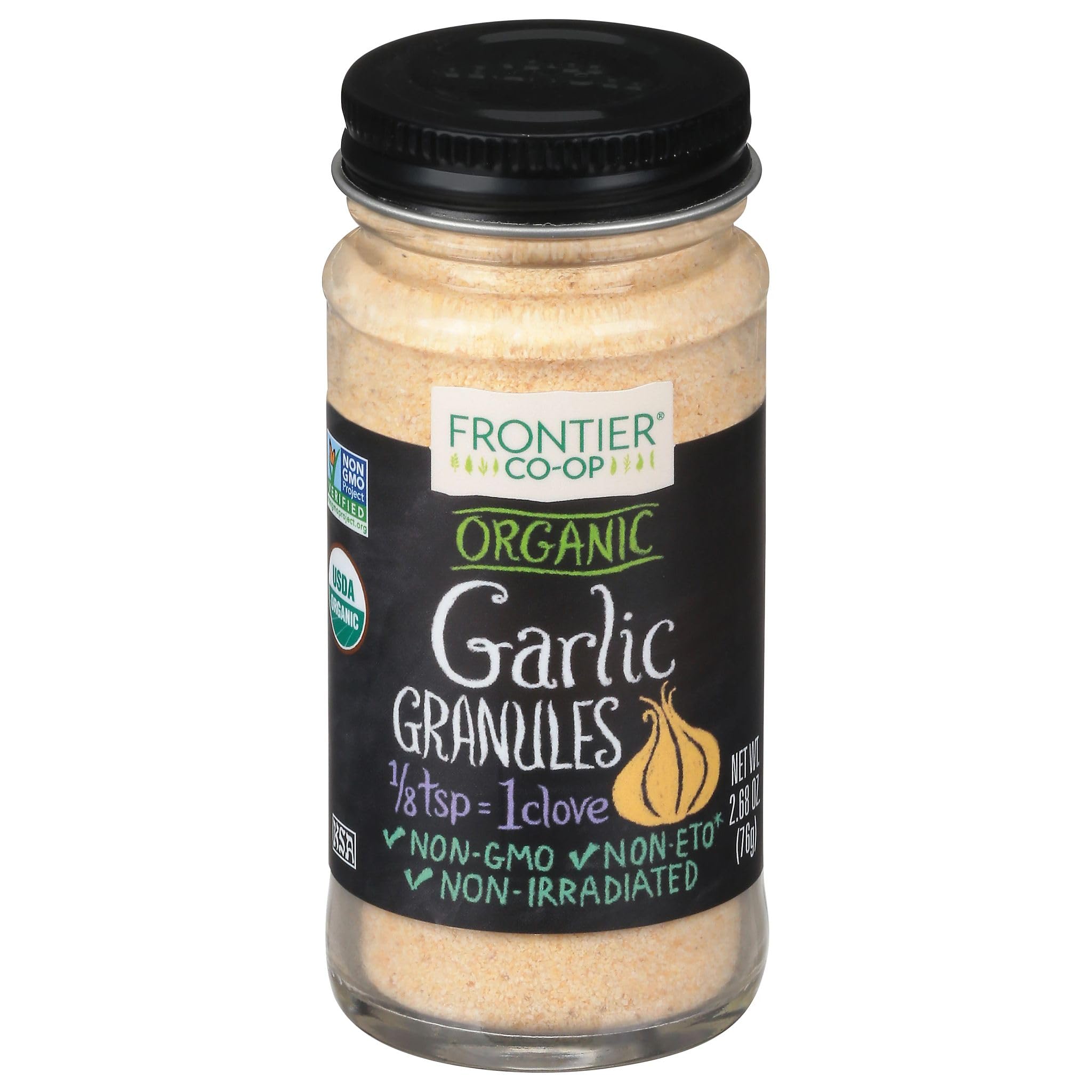 Frontier Co-op Organic Garlic Granules jar for quick seasoning of sauces and marinades.