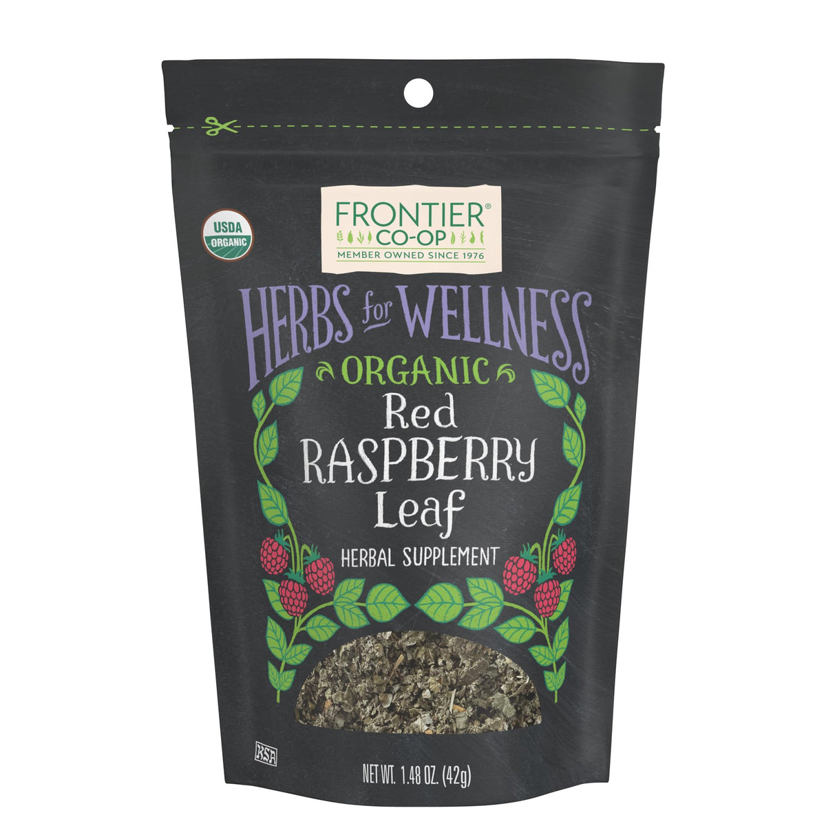 Frontier Co-op red raspberry leaf bag for caffeine-free herbal teas