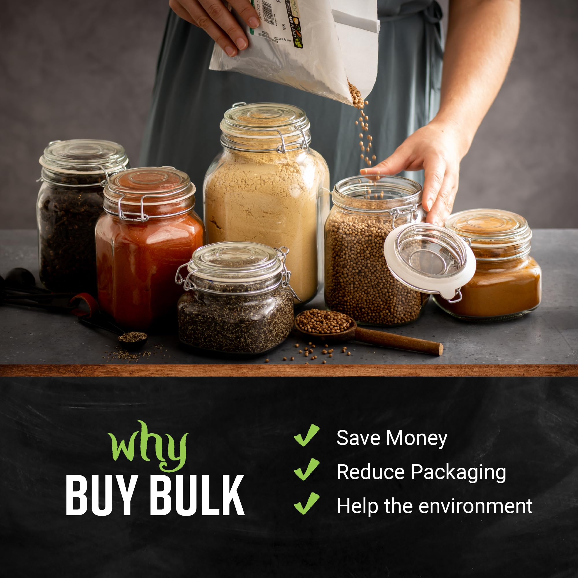 Frontier Co-op Sustainable packaging highlights bulk, recyclable materials.