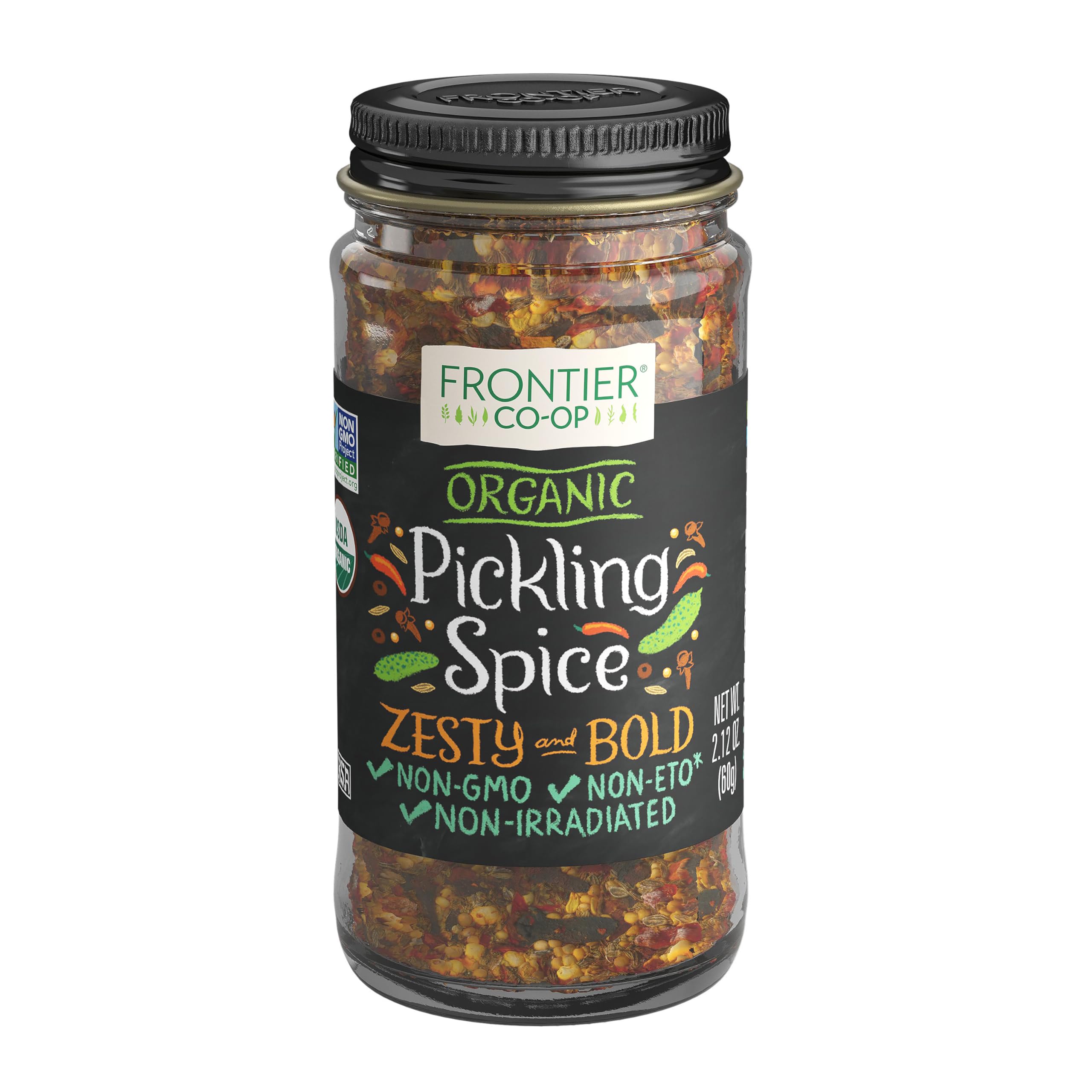 Frontier Co-op Pickling Spice bottle close-up for traditional and bread-and-butter pickles.