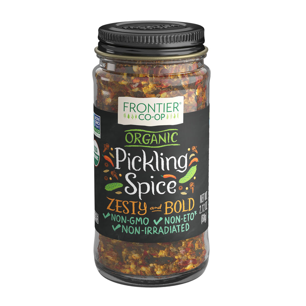 Frontier Co-op Pickling Spice bottle close-up for traditional and bread-and-butter pickles.