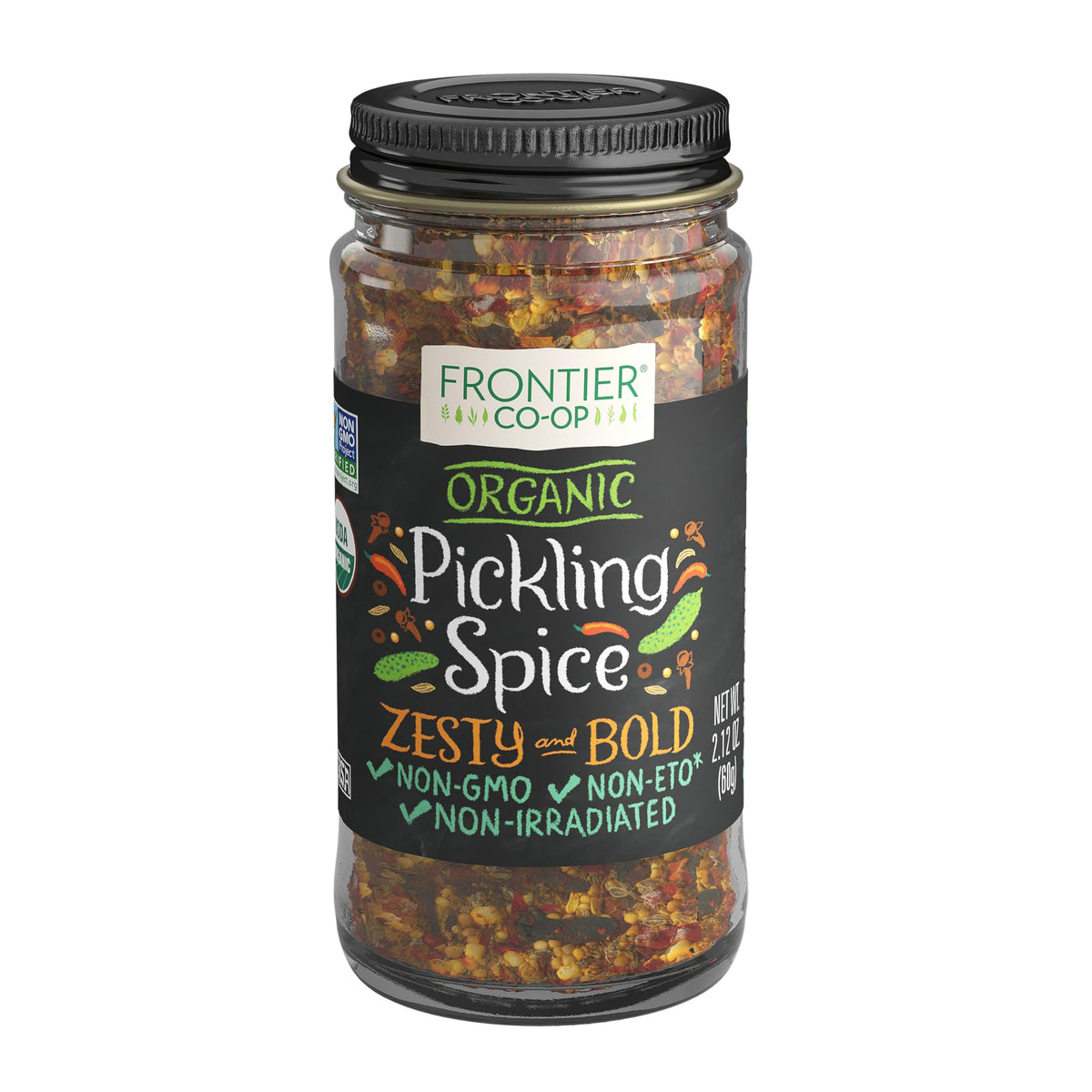 Frontier Co-op Pickling Spice bottle close-up for traditional and bread-and-butter pickles.
