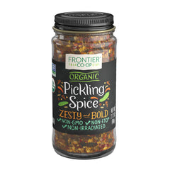 Frontier Co-op Pickling Spice bottle close-up for traditional and bread-and-butter pickles.
