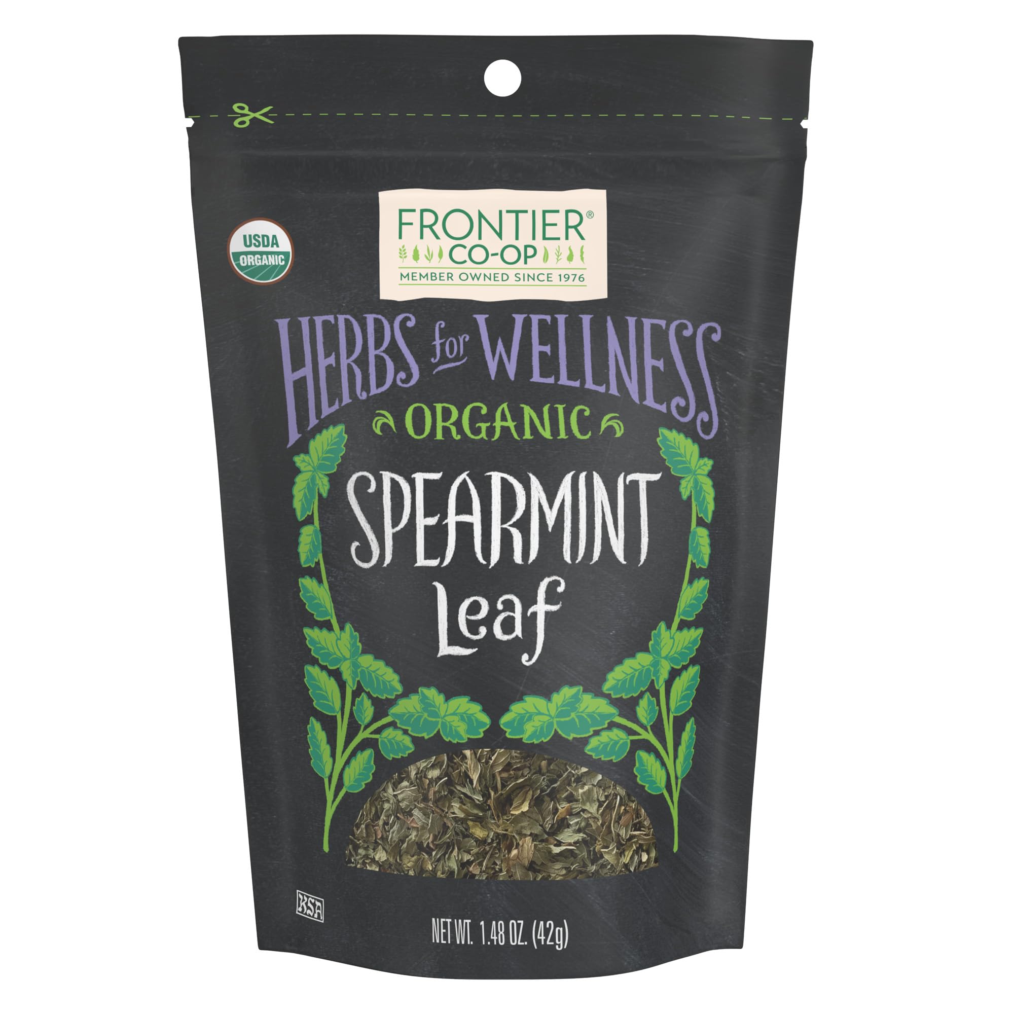 Frontier Co-op spearmint leaf pack close-up with fresh aroma for teas.