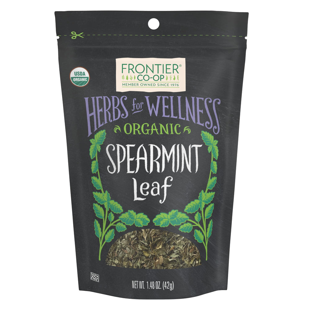 Frontier Co-op spearmint leaf pack close-up with fresh aroma for teas.
