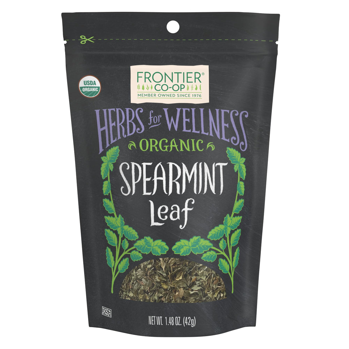 Frontier Co-op spearmint leaf pack close-up with fresh aroma for teas.