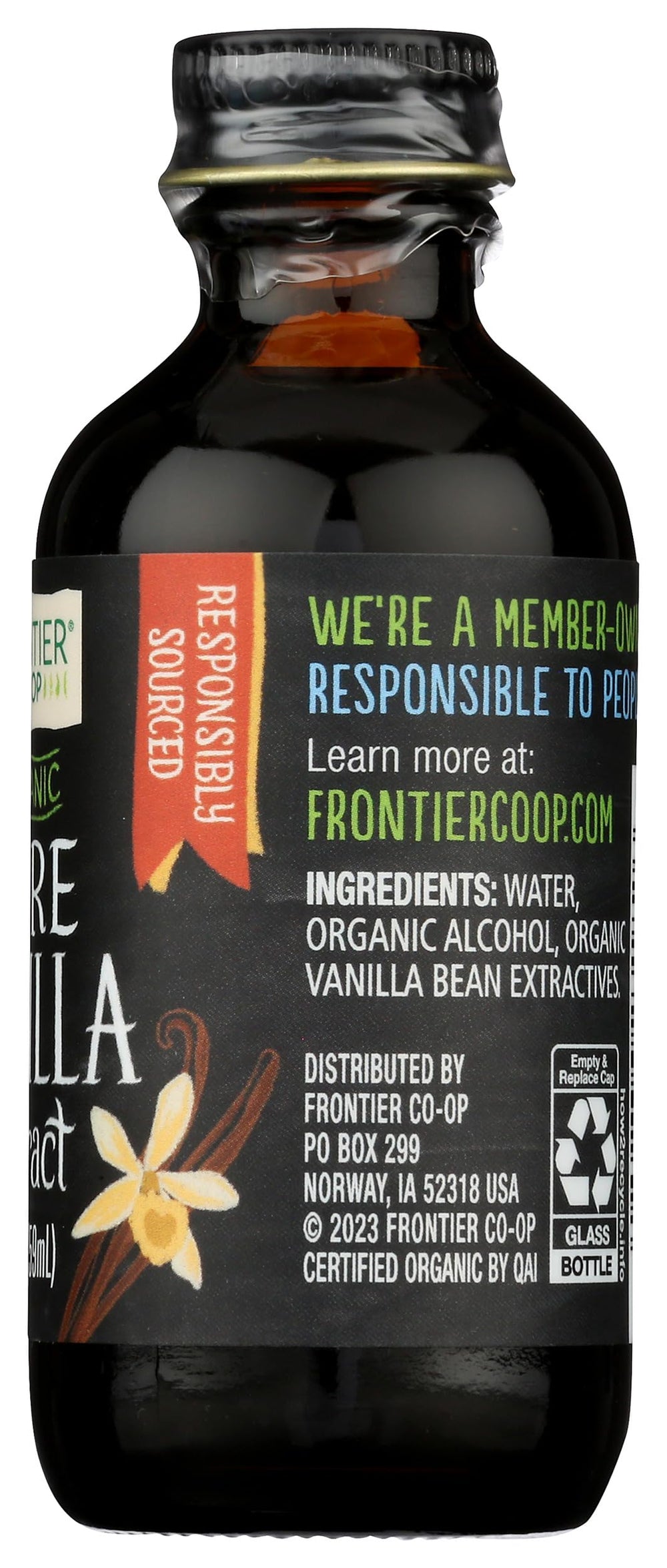 Baking dish with Frontier Co-op vanilla extract used in versatile recipes.