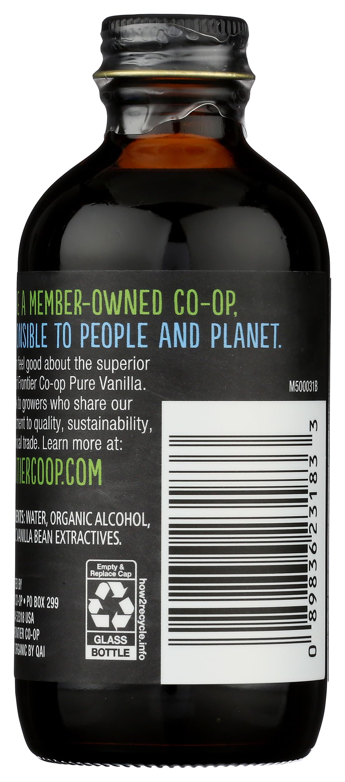 Frontier Co-op vanilla extract label close-up showing organic certification