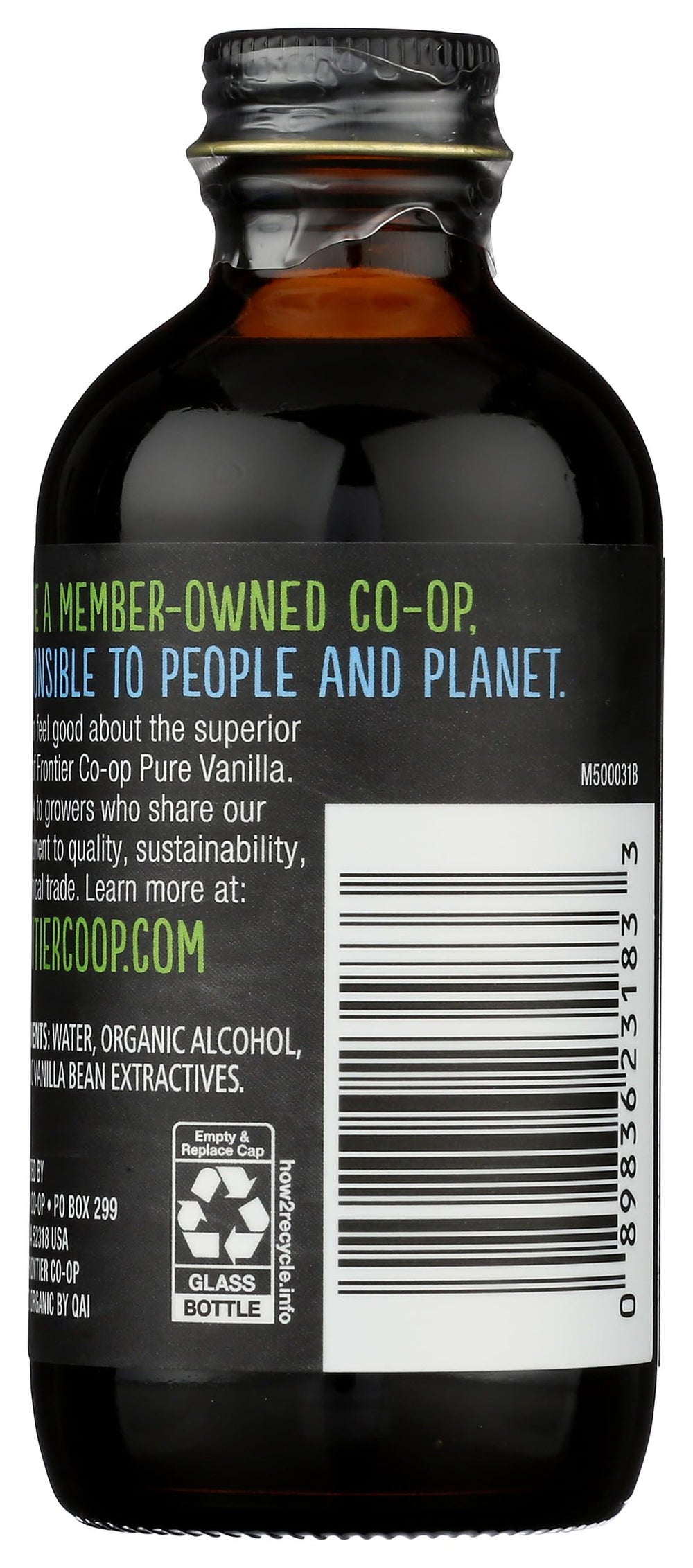Frontier Co-op vanilla extract label close-up showing organic certification