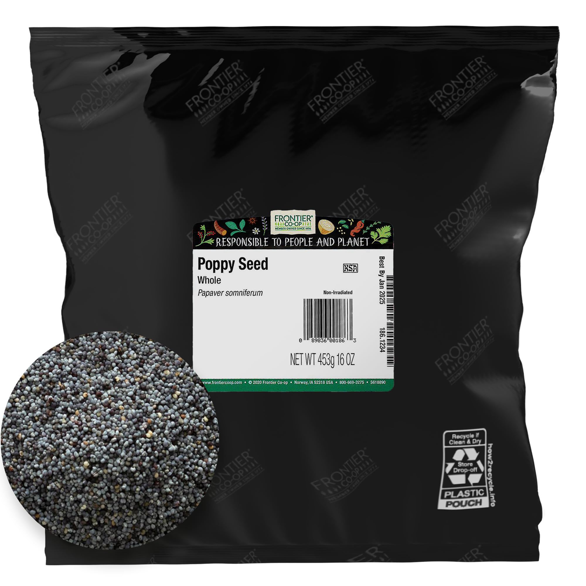 Frontier Co-op whole poppy seeds in a bulk bag for baking and garnish