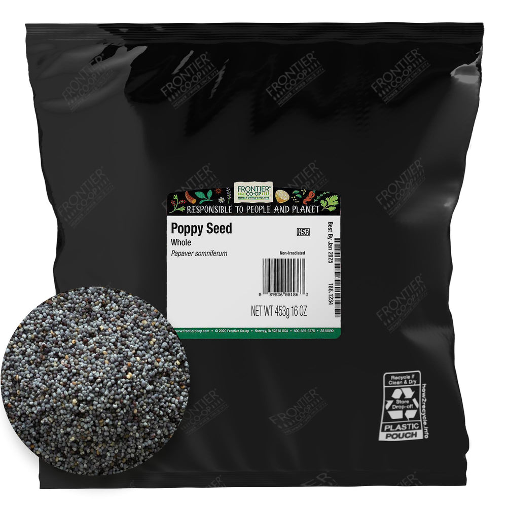 Frontier Co-op whole poppy seeds in a bulk bag for baking and garnish