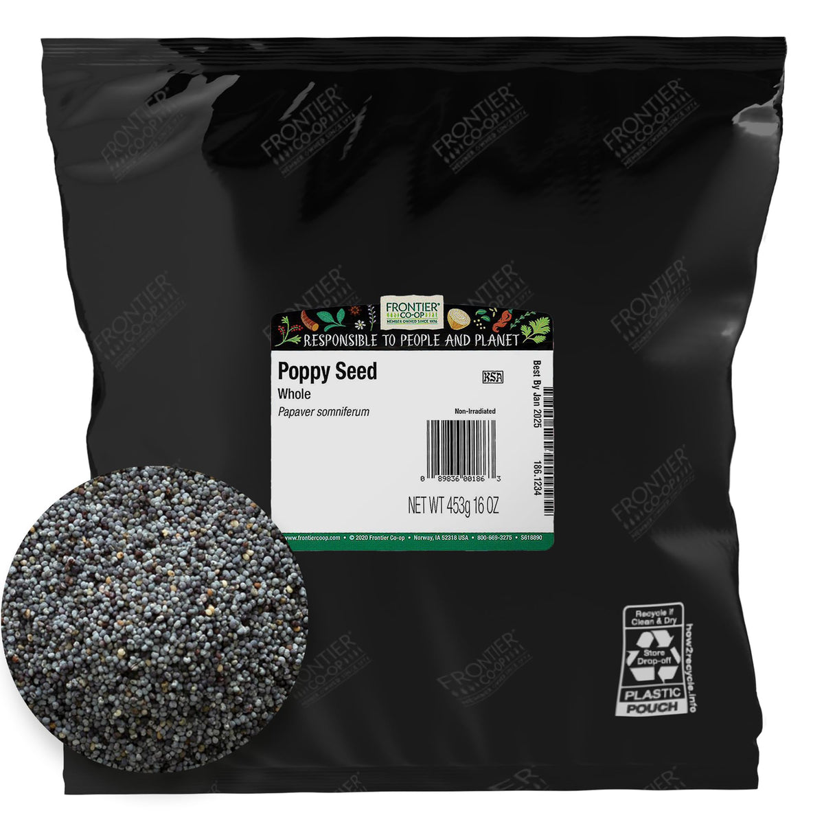 Frontier Co-op whole poppy seeds in a bulk bag for baking and garnish
