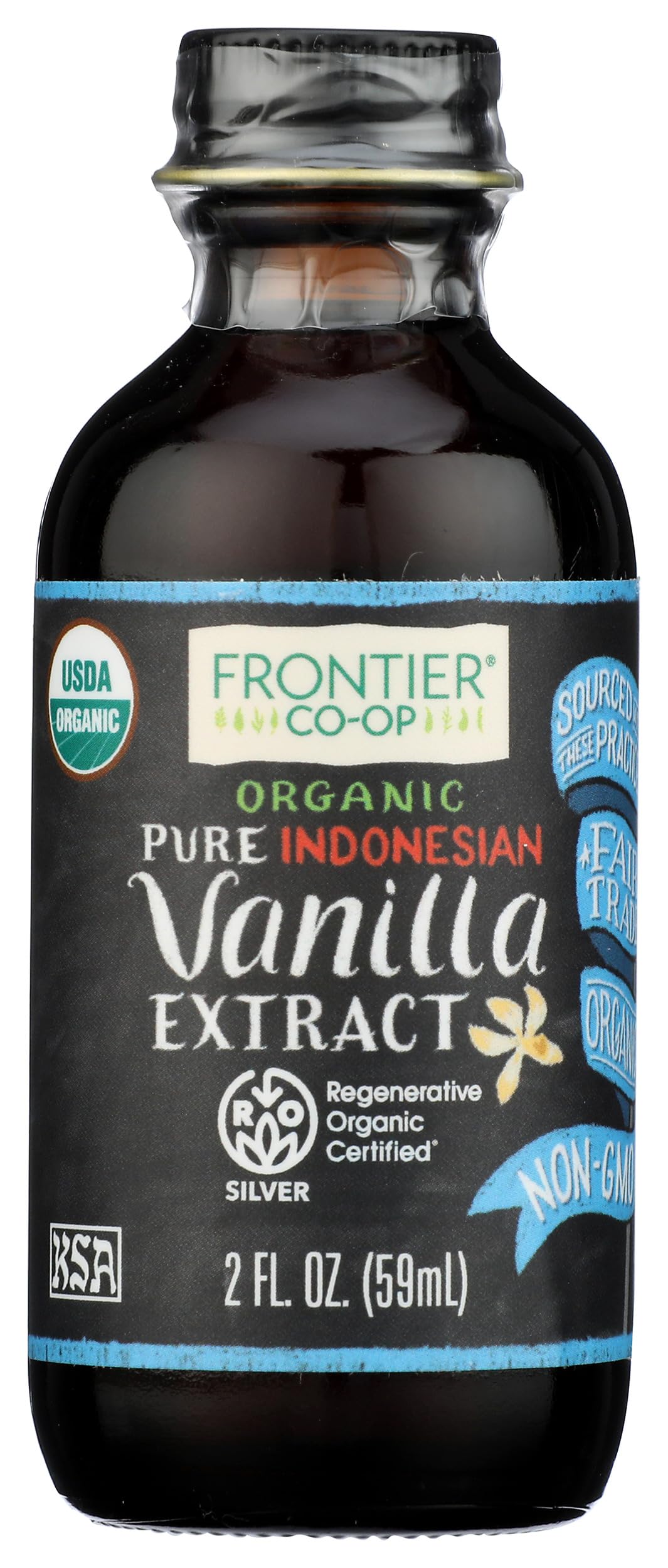 Frontier Organic Indonesian Vanilla Extract bottle front view for baking flavor.