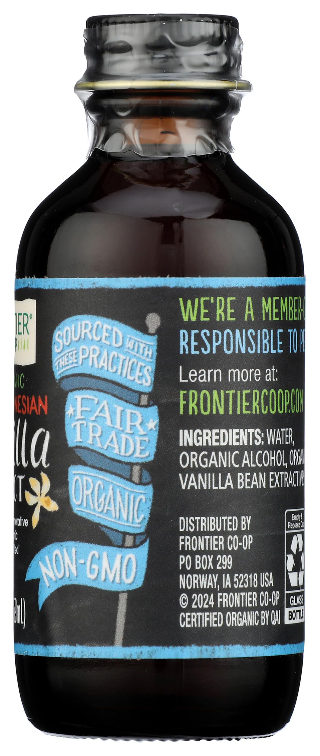 Frontier Organic Indonesian Vanilla Extract on pantry shelf ready for recipes.