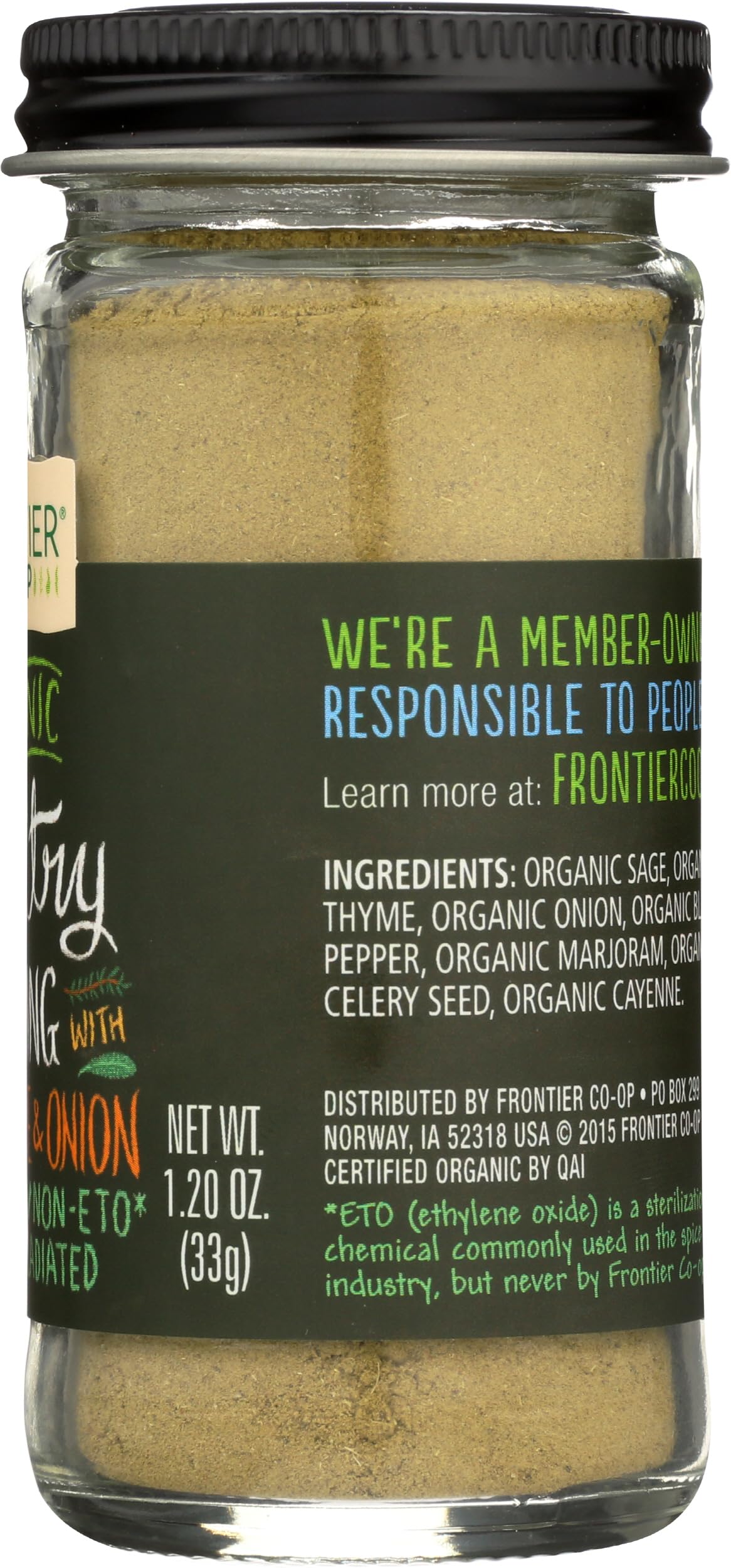 Back-label details on Frontier Organic Poultry Seasoning bottle.