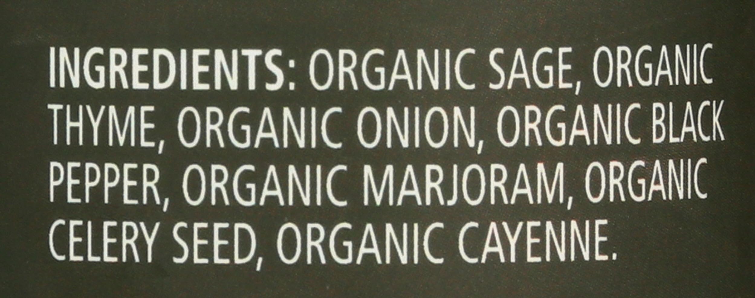 Ingredients panel of Frontier Organic Poultry Seasoning shows organic spices.