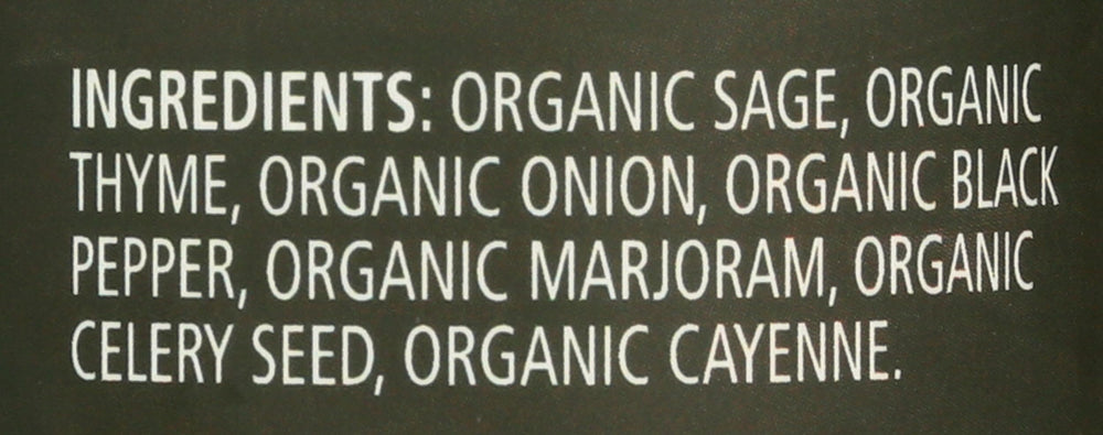 Ingredients panel of Frontier Organic Poultry Seasoning shows organic spices.