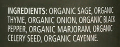 Ingredients panel of Frontier Organic Poultry Seasoning shows organic spices.