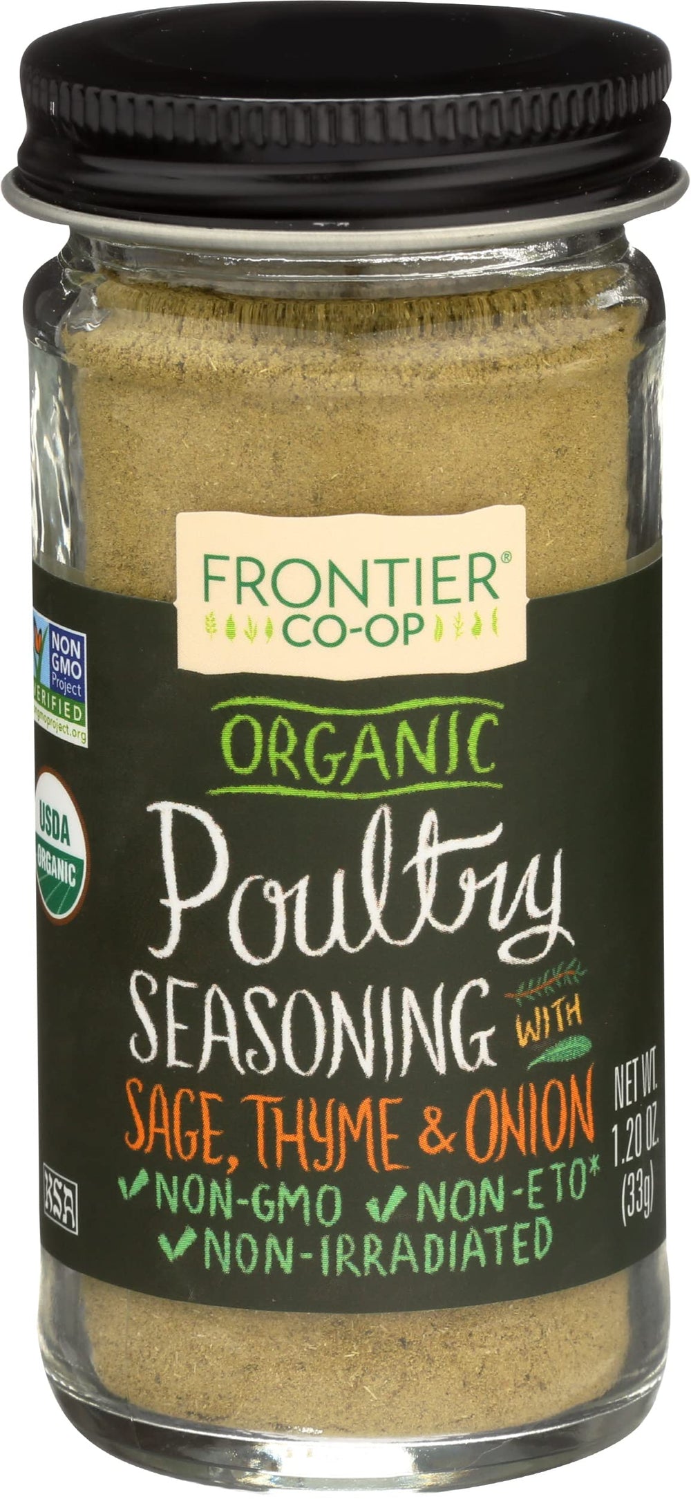 Frontier Organic Poultry Seasoning label on a jar, enhancing poultry with natural flavor.