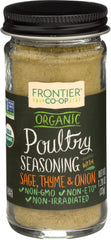 Frontier Organic Poultry Seasoning label on a jar, enhancing poultry with natural flavor.