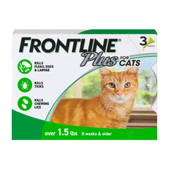 Frontline Plus Cat bottle application illustrates easy, fast protection for fleas and ticks.