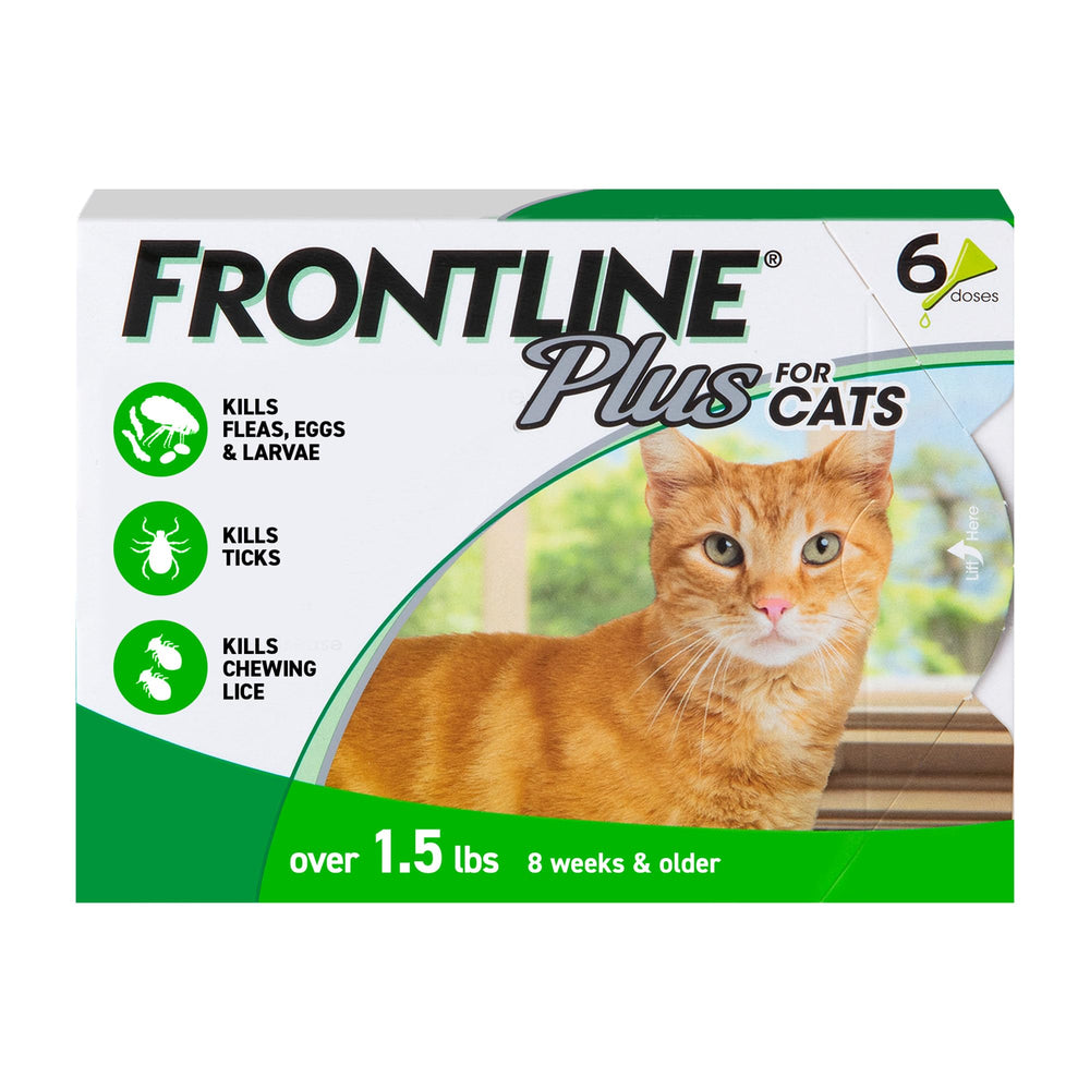Frontline Plus for Cats bottle application shows fast flea and tick protection.