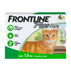Frontline Plus for Cats bottle application shows fast flea and tick protection.