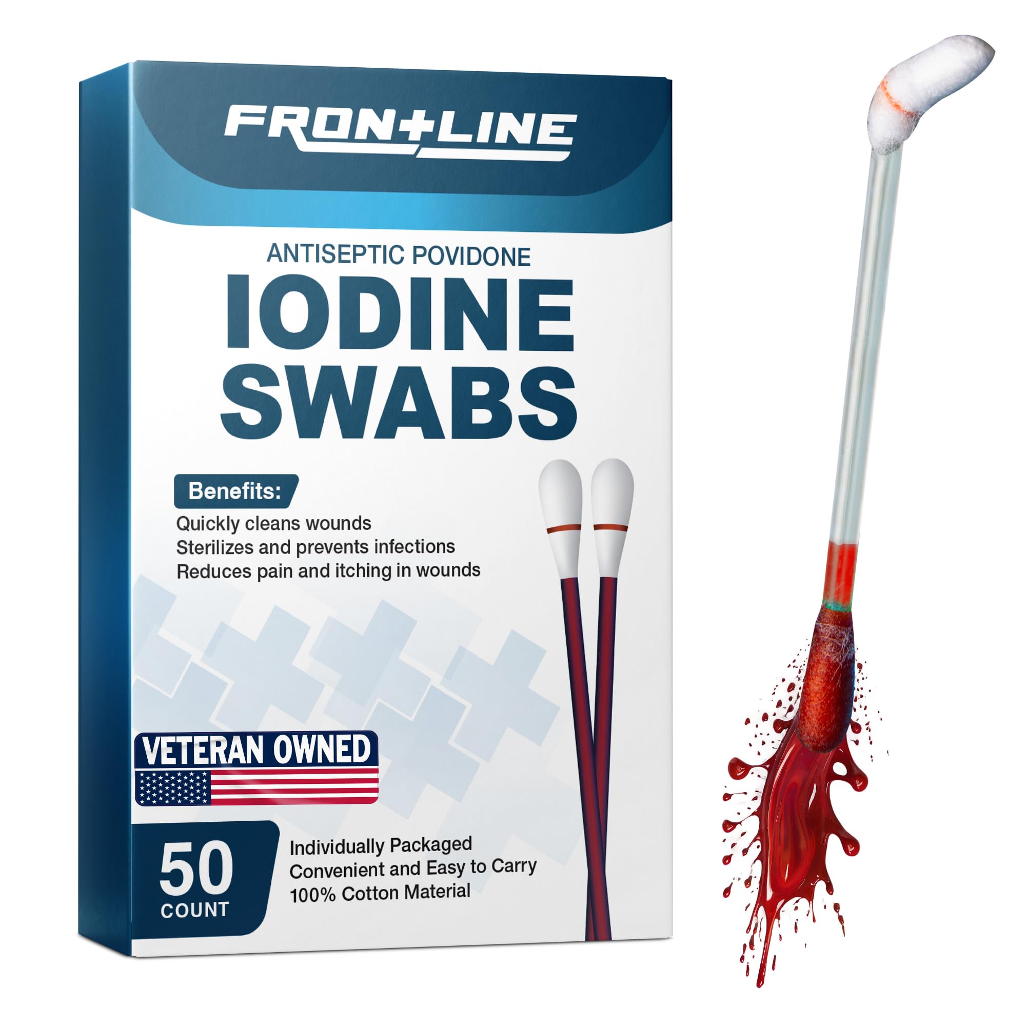 FrontLine povidone iodine swabs boxed for easy storage and use