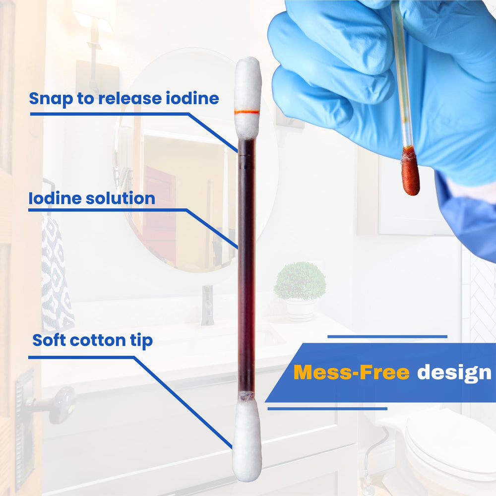Soft cotton tip absorbs iodine evenly for wound care and nasal cleansing