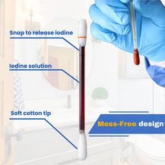 Soft cotton tip absorbs iodine evenly for wound care and nasal cleansing