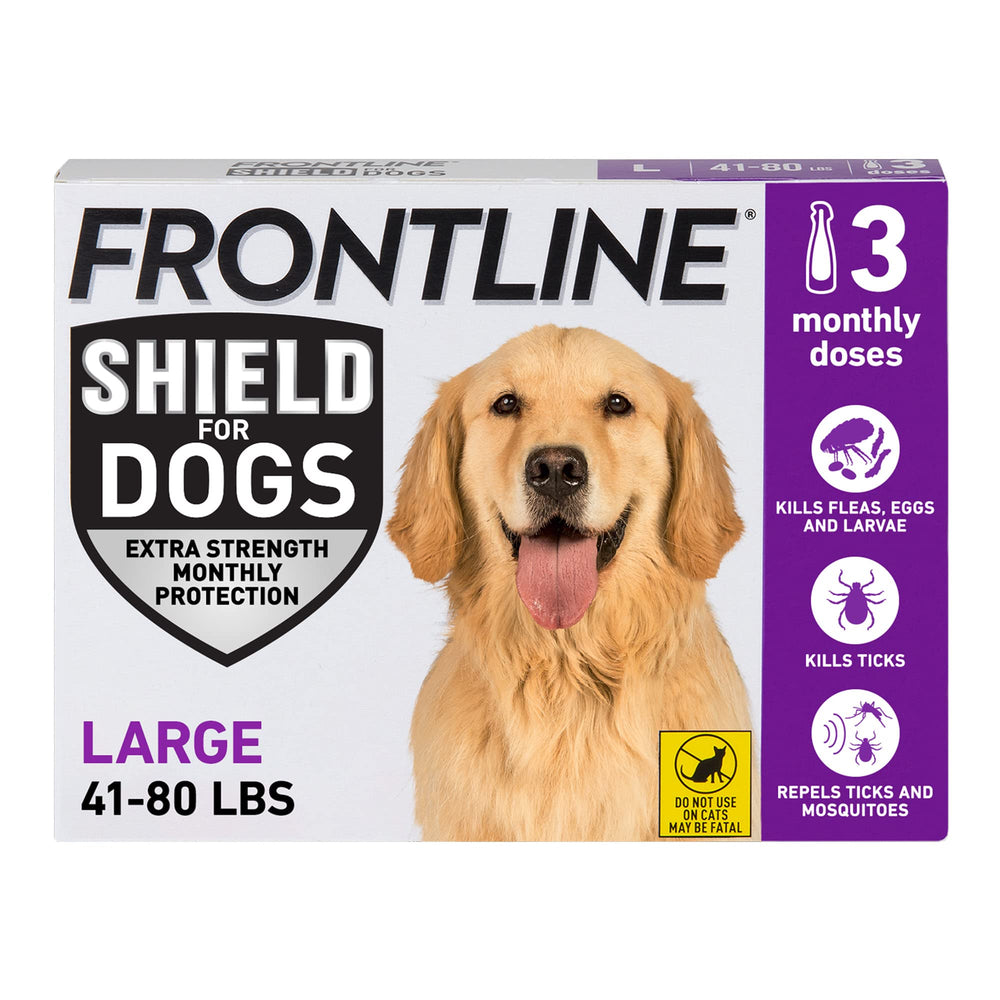 Frontline Shield bottle being applied to a dog's coat for month-long protection.