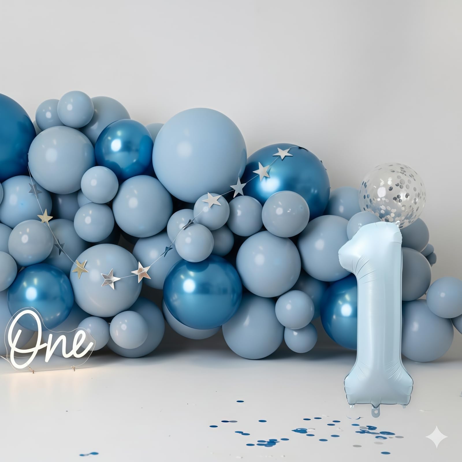 Froova baby blue number 1 balloon decorating a photo backdrop