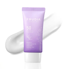 FRUDIA blueberry sunscreen bottle with air-light texture for all skin tones.