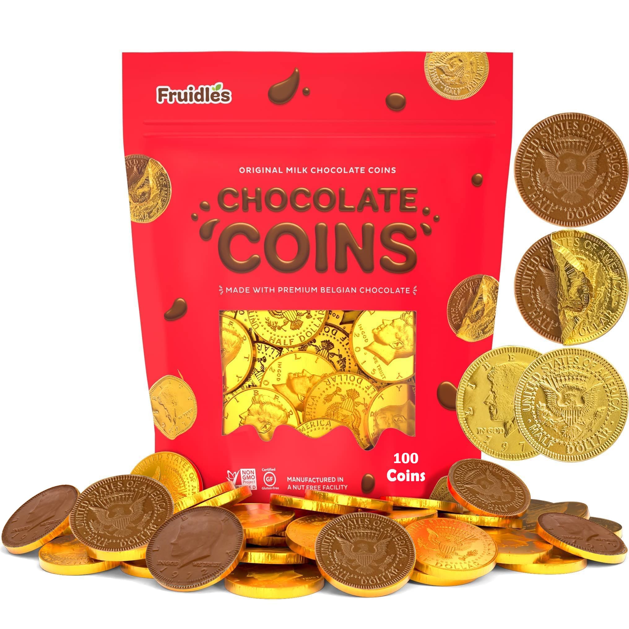 Fruidles 100 Gold Half-Dollar coins for party decor and favors.