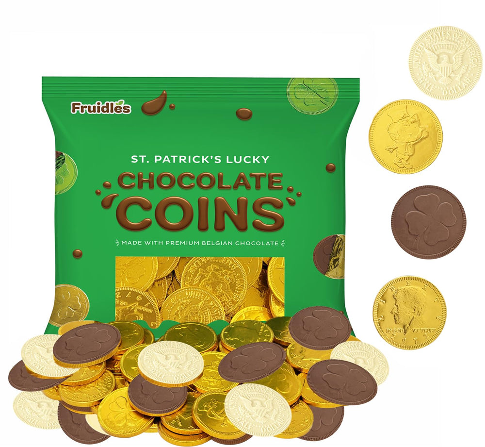 Fruidles gold milk leprechaun coins in festive foil, ideal as party favors