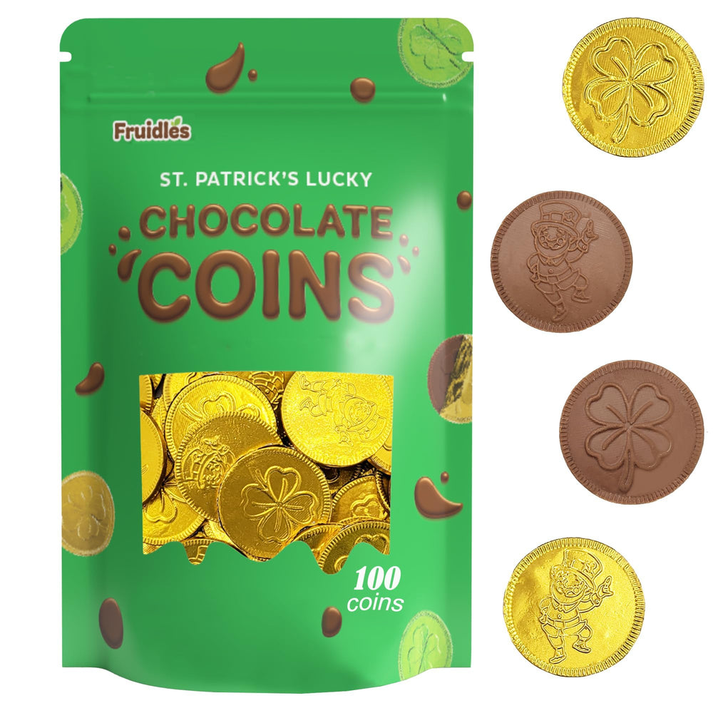 Fruidles St. Patrick's coins in gold foil, great as festive gifts or decorations.