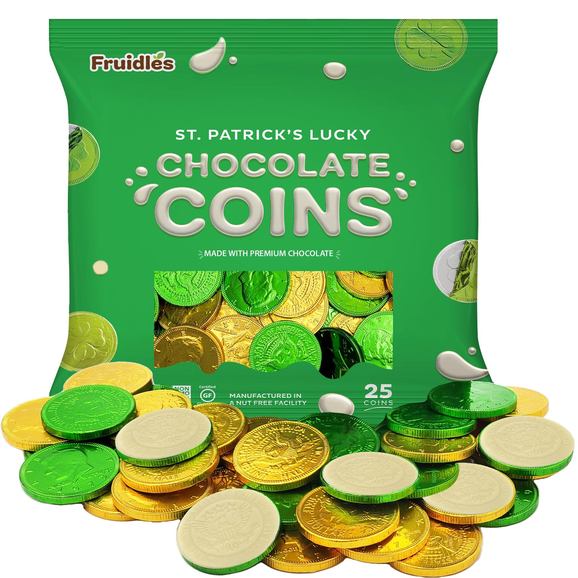 Fruidles St. Patrick's coins pack in white, green, and gold chocolate for party treats
