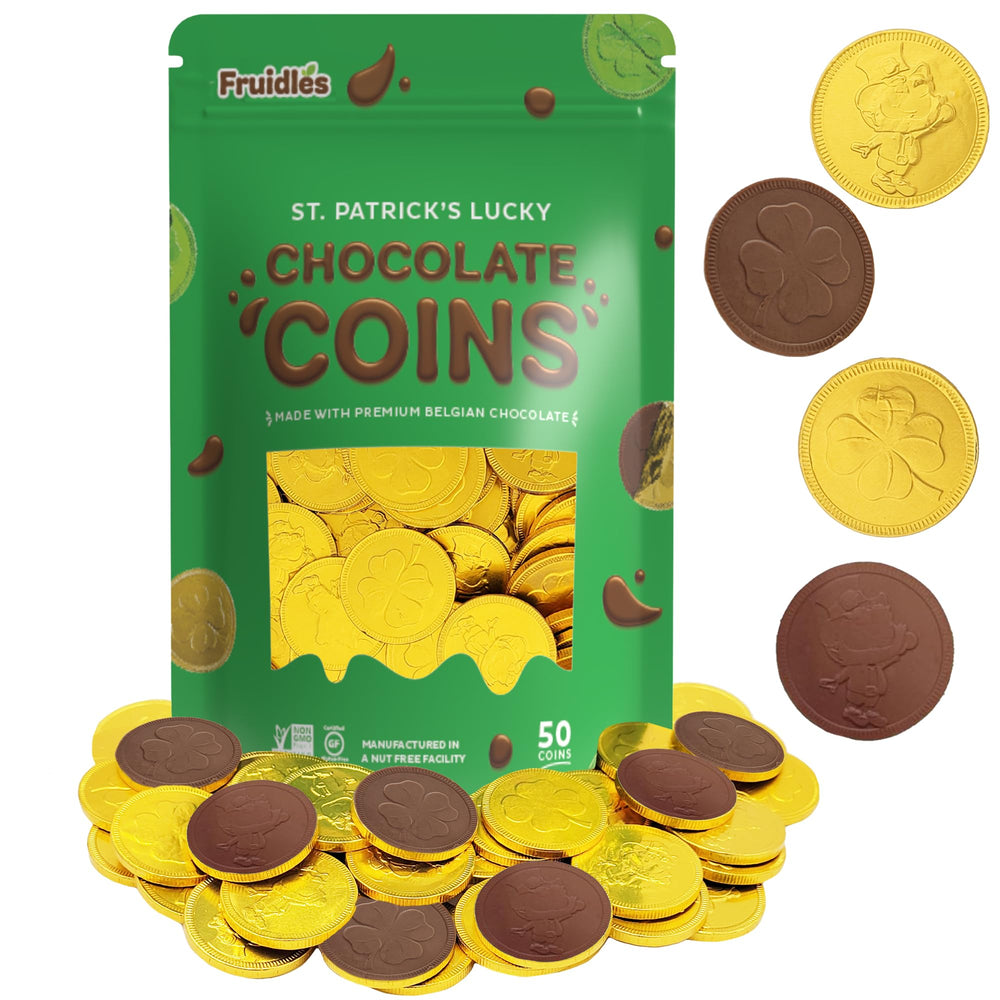 Fruidles St. Patrick's Day coins in gold foil close-up, premium Belgian milk chocolate, ideal party favor