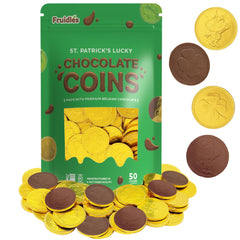 Fruidles St. Patrick's Day coins in gold foil close-up, premium Belgian milk chocolate, ideal party favor